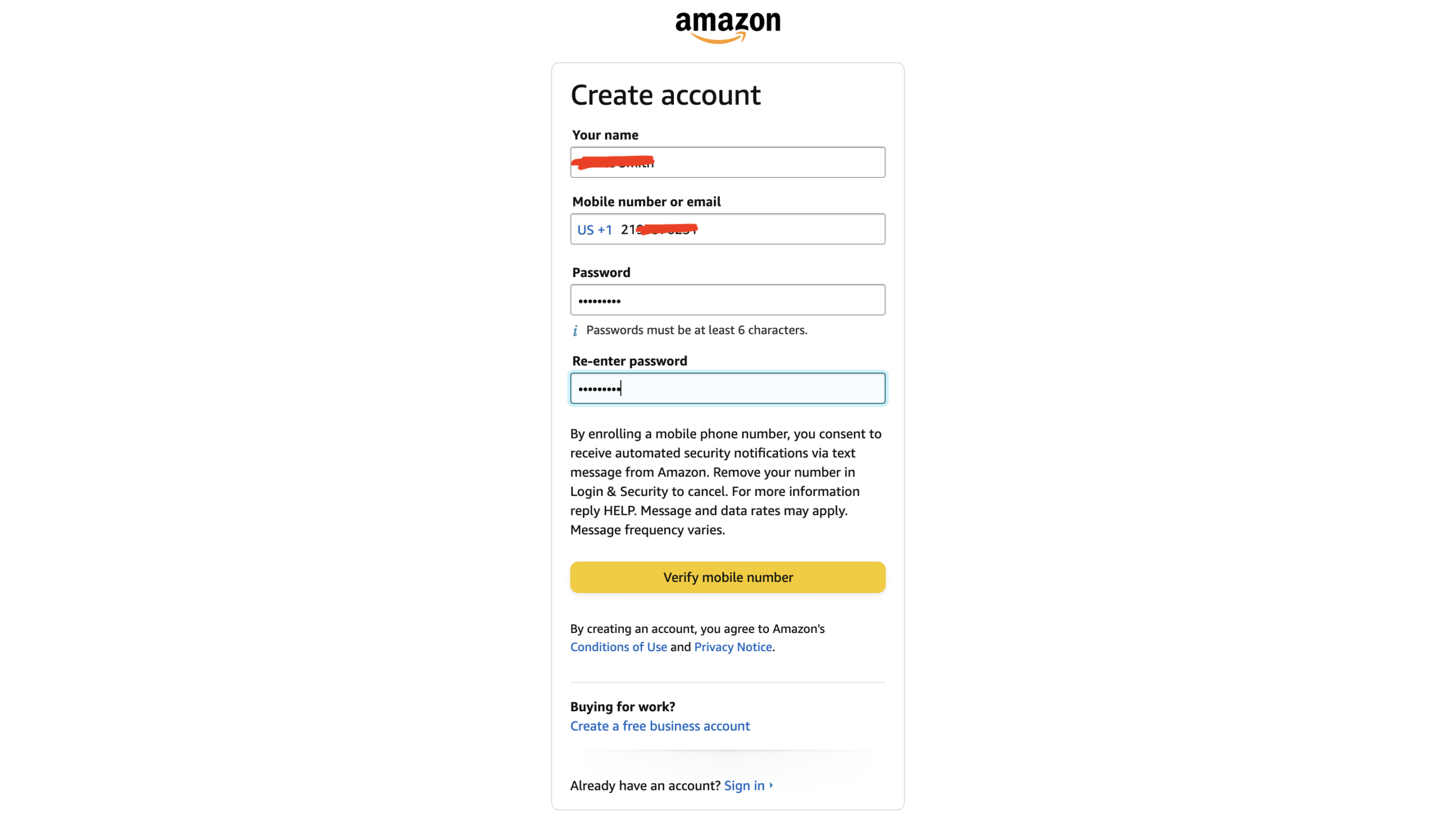 create amazon account without phone number