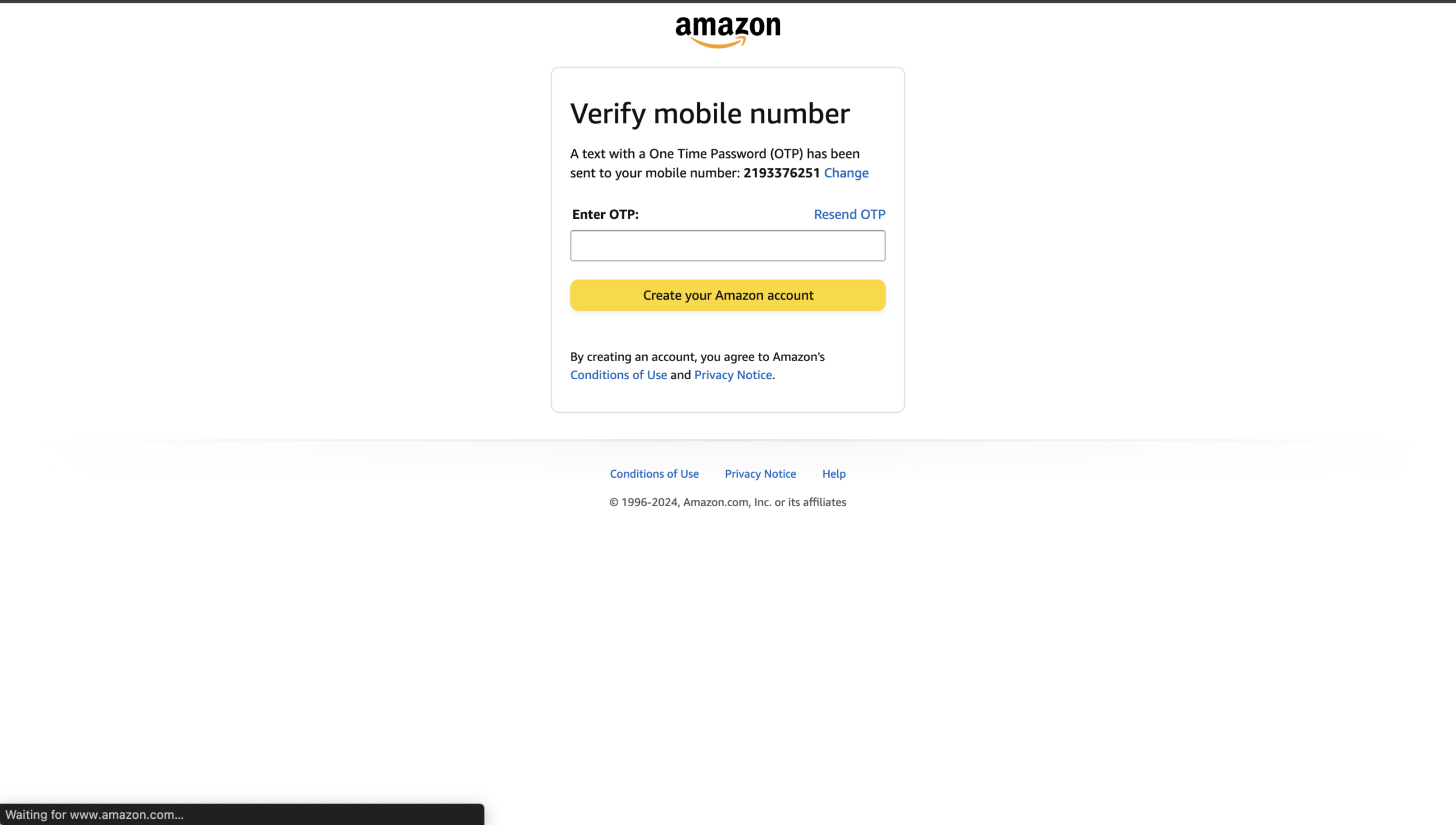create amazon account without phone number