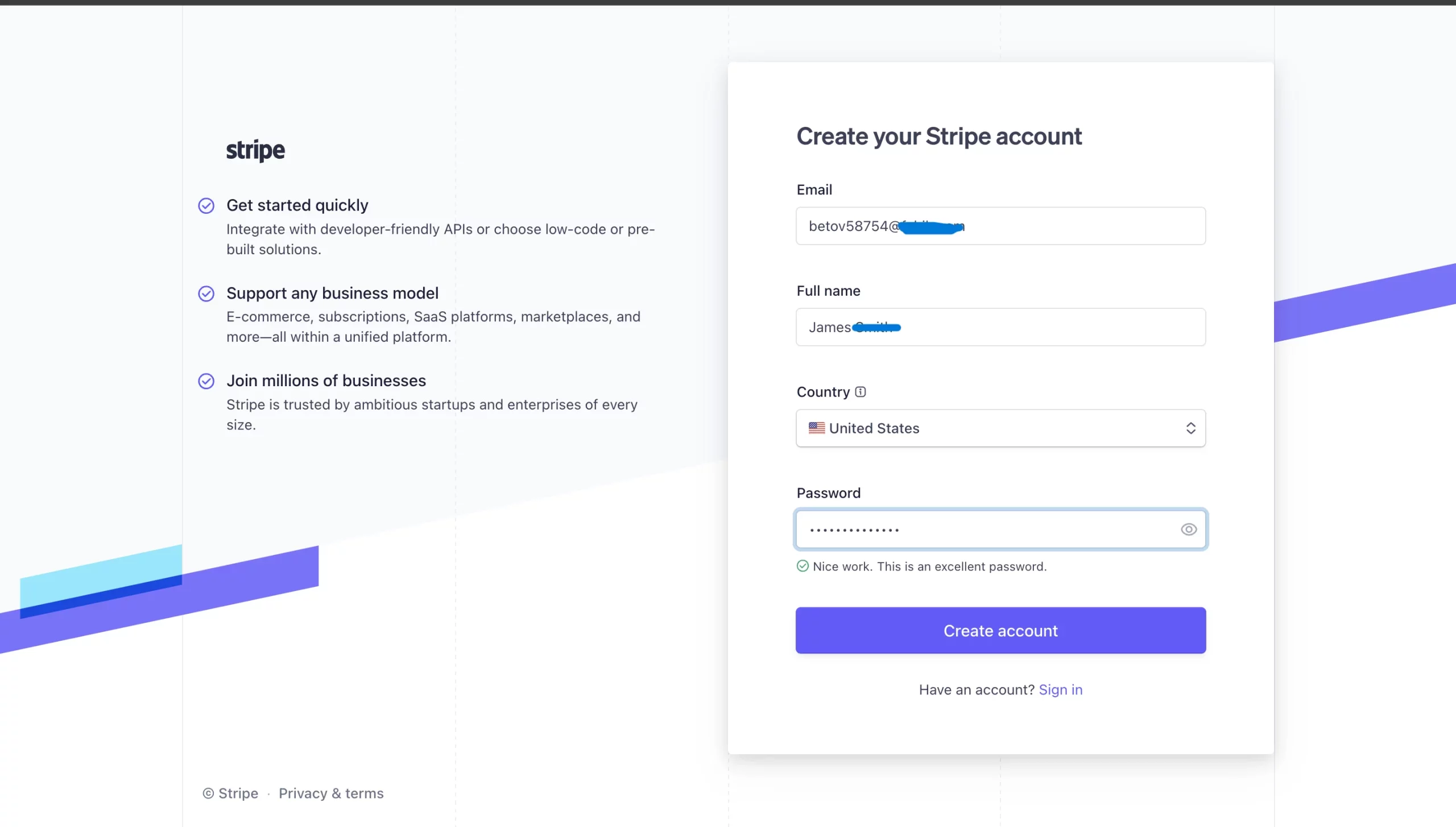 create stripe account