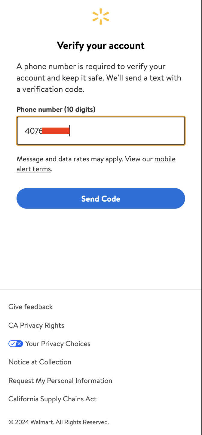 walmart verification code text