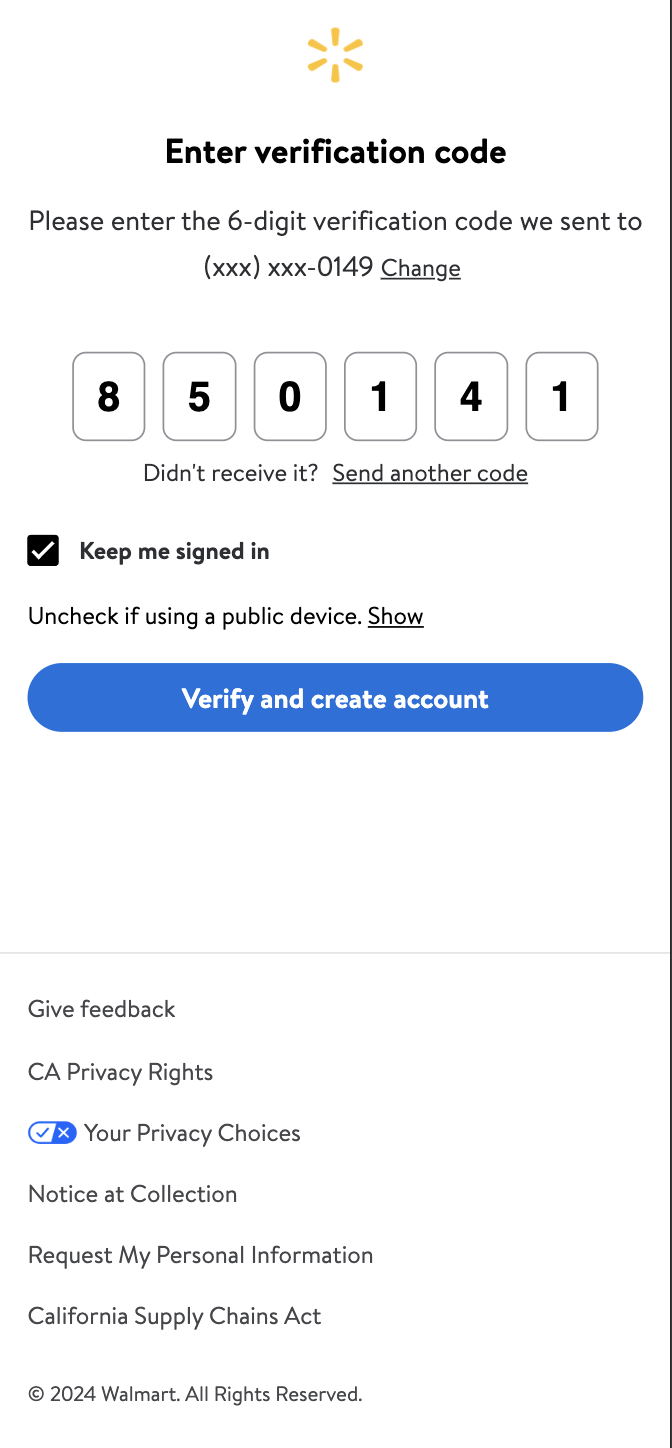 walmart verification code text