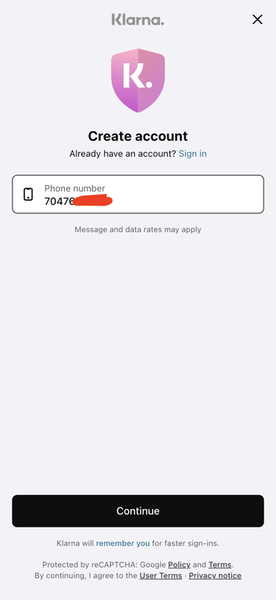 klarna verification code text
